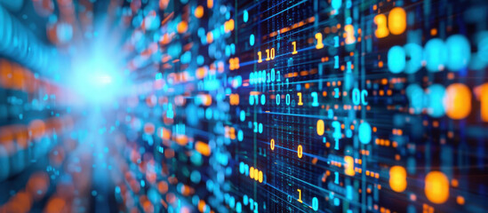 Digital Data Stream: The image presents an abstract view of digital data flowing through a network. The vibrant display of numbers and lines creates a dynamic sense of technological advancement. 