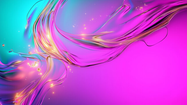 An abstract purple, blue, golden, and pink minimal background with spilled colors flowing and dripping across the canvas, creating a vibrant explosion of paint as soft neon light falls over it.