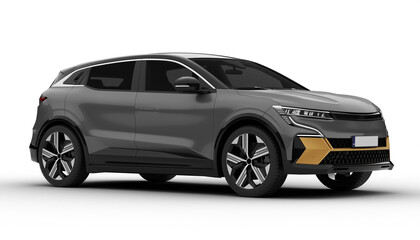 Transparent background, gray colored modern electric suv car at a front right angle, highlighting its LED headlights and modern grille in a detailed 3D render.