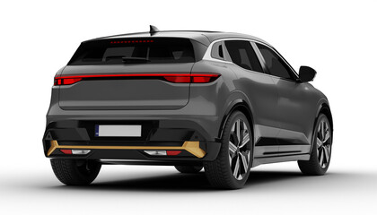 Transparent background, a gray colored modern electric suv car at a rear right angle, highlighting its streamlined back and sculpted body in a stunning 3D render.