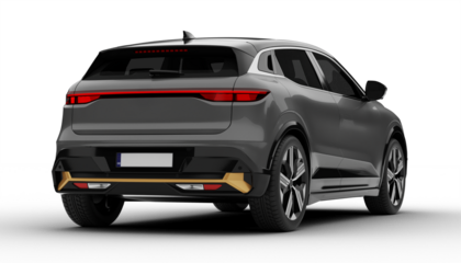 Transparent background, a gray colored modern electric suv car at a rear right angle, highlighting its streamlined back and sculpted body in a stunning 3D render.