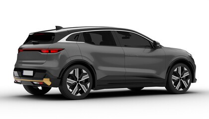Transparent background, a gray colored modern electric suv car at a rear right angle, highlighting...