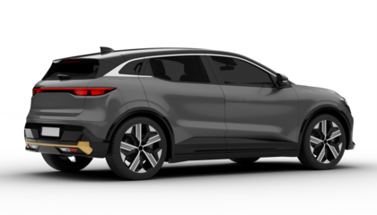 Transparent background, a gray colored modern electric suv car at a rear right angle, highlighting its streamlined back and sculpted body in a stunning 3D render.