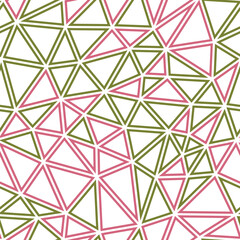 Vector science background. Medium triangles size. Multiple colors style. Geometric shapes outlined. Repeatable pattern. Rosy Olive Blend. Vibrant vector tiles. Seamless vector illustration.
