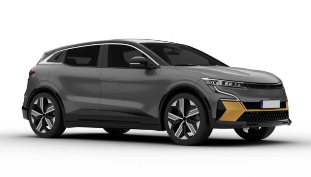 Transparent background, gray colored modern electric suv car at a front right angle, highlighting its LED headlights and modern grille in a detailed 3D render.
