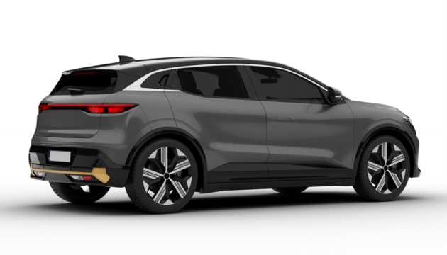 Transparent background, a gray colored modern electric suv car at a rear right angle, highlighting its streamlined back and sculpted body in a stunning 3D render.