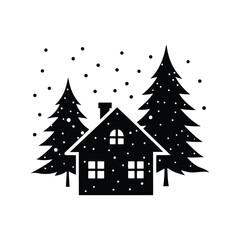 snow falling on house with pine trees silhouette