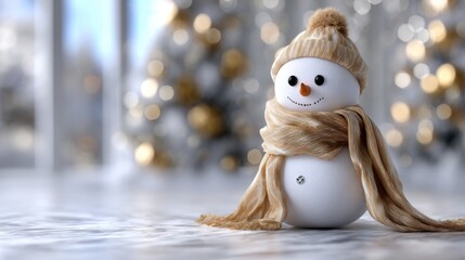 Obraz premium A cheerful snowman in a knitted hat and scarf stands proudly, surrounded by softly glowing lights and snowy evergreen trees.