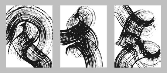 Set of abstract backgrounds. Black ink brush strokes, patterns, posters, cover.