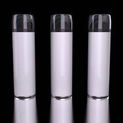 Spray cans with blank labels and black caps. 3d illustration on black background