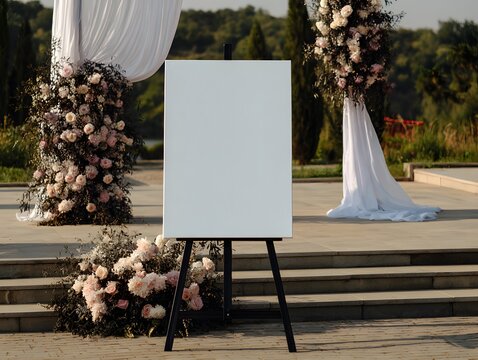 Blank Canvas Amidst Celebratory Flourish: A blank canvas, propped on an easel, takes center stage amidst a decor of cascading flowers and delicate draping.