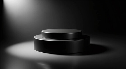 Two-Tiered Matte Black Podium with Focused Overhead Light and Soft Shadows on Dark Minimalist Background
