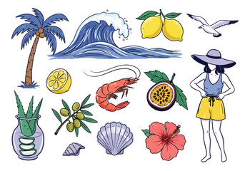 Vector art of summer beach vacation elements, including palm trees, waves, and tropical fruits