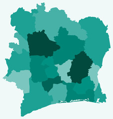 Map of Cote d'Ivoire with regions. Just a simple country border map with region division. Teal color palette. Plain Cote d'Ivoire shape with administrative division. Vector illustration.