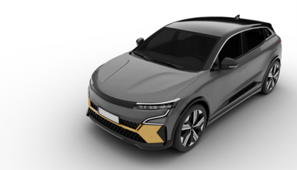 Transparent background, gray colored modern electric suv car at a front left angle, showcasing its aerodynamic lines and modern styling in a high-quality 3D render.