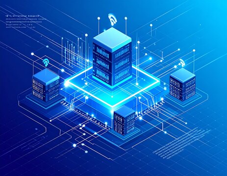 Isometric digital illustration depicting a network of servers and data transfer in a futuristic, technology-focused scene