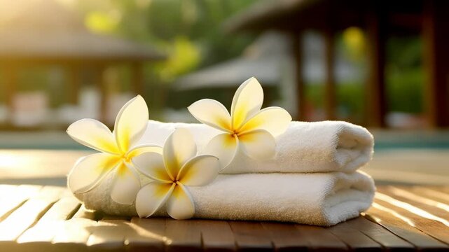 Relaxing spa experience with fresh towels and tropical flowers by the poolside