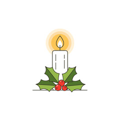 Minimal Christmas Candle Vector | Flat Holiday Decoration Illustration | Simple Winter Candle with Holly