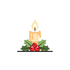 Minimal Christmas Candle Vector | Flat Holiday Decoration Illustration | Simple Winter Candle with Holly