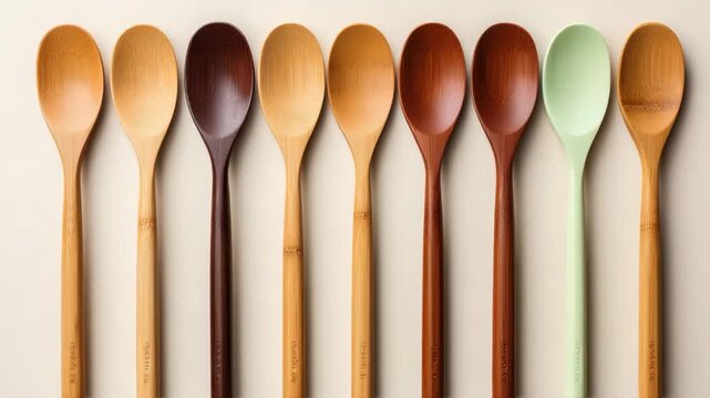 Various wooden spoons arranged in a row showcasing different colors and designs for kitchen enthusiasts
