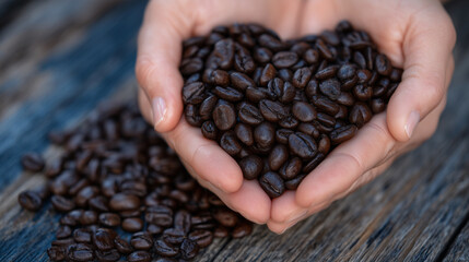A pair of hands cupping dark roasted coffee beans in a heart shape, surrounded by scattered beans on aged wood, golden-hour lighting creating a soft, nostalgic glow