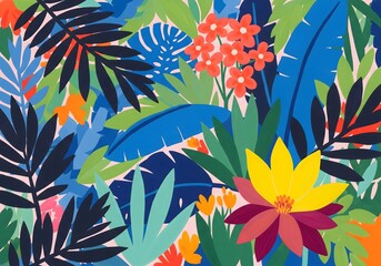 Vibrant tropical foliage and flowers burst with color in a lively, modern abstract pattern perfect for design projects.