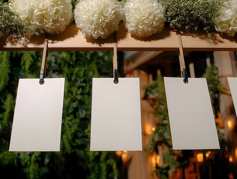 Blank Cards for Guests: A row of blank cards is elegantly suspended, ready to welcome guests with personalized messages, set against a backdrop of delicate floral arrangements.