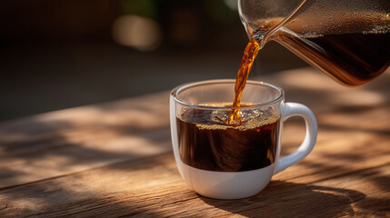 Hand pouring aromatic black coffee from a glass pot into a white mug, rustic wooden background and warm sunlight creating a serene cafÃ©-like atmosphere