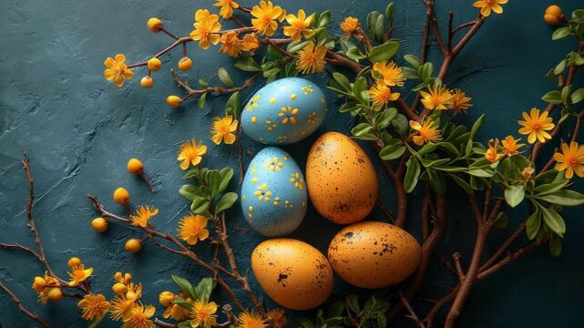Vibrant Easter egg arrangement with flowers and branches on a textured blue background during spring season