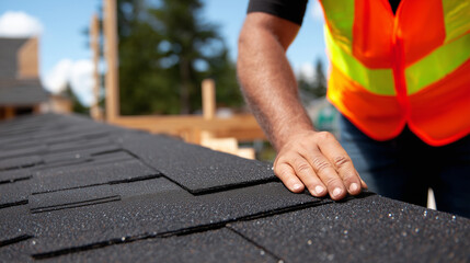 Macro perspective of a rooferâs hands applying final touches on asphalt shingles, bright safety vest in soft focus, nails embedded neatly along the ridge line