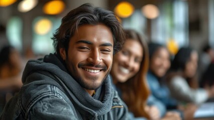 Young man smiles brightly in casual setting with friends socializing at a cafe during afternoon meet-up