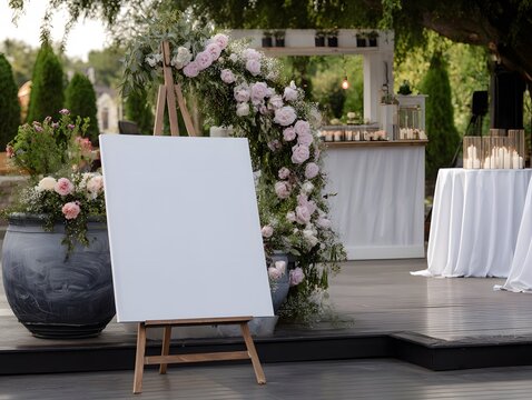 Blank Canvas at Event: A pristine white canvas on an easel, inviting personalization at a sophisticated outdoor event adorned with flowers, suggesting a place for messages or art. 