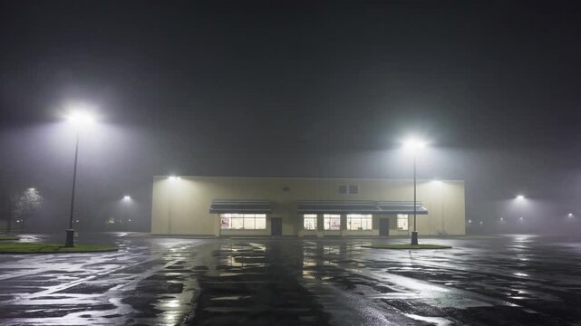Supermarch&eacute; d&eacute;sert &eacute;clair&eacute; la nuit sous la pluie