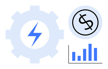 Gear with lightning bolt for energy, dollar sign for finance, and bar chart for growth. Ideal for efficiency, finance, energy, sustainability, innovation technology business. Simple flat metaphor
