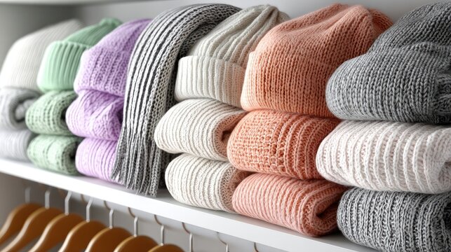 A collection of elegant coats and hats displayed in a wooden wardrobe, highlighting timeless fashion for colder seasons and styles