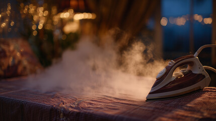 Intimate close-up of steam billowing as an iron smooths over plaid fabric, low-light tones and rich contrast highlighting the warmth of domestic detail