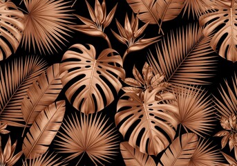 Elegant bronze tropical leaves and bird of paradise flowers create a luxurious seamless pattern for sophisticated decor and fashion designs.