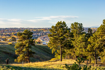 Colorado Living. Centennial, Colorado - Denver Metro Area Residential Autumn Panorama with the view of the Front Range mountains in the distance