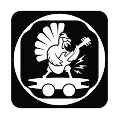 A turkey playing guitar on a skateboard in a black and white design isolated on white background