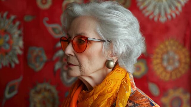 Elderly woman poses confidently with vibrant glasses and scarf against a colorful backdrop showcasing intricate patterns