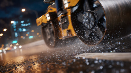 Close-up of a steamroller wheel compressing hot asphalt, raindrops bouncing, mist rising, wet street reflecting dim orange light of industrial lamps