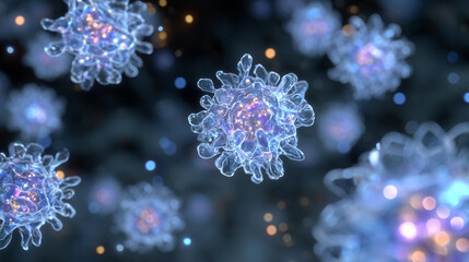 Futuristic glowing tumor cells floating in a dark laboratory space, intricate internal structures visible, soft-focus bokeh highlights, dynamic neon illumination