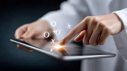 Young woman touching future technology social network button