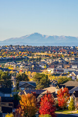 Colorado Living. Centennial, Colorado - Denver Metro Area Residential Autumn Panorama with the view of the Front Range mountains in the distance