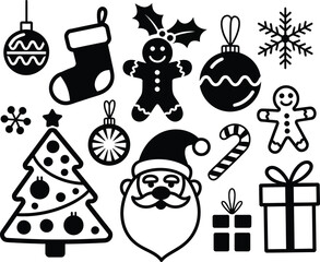 Collection of black and white christmas icons and ornaments