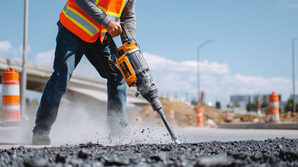 Fototapeta premium Side view of construction worker using a jackhammer, close-up on the vibrating tool and breaking asphalt, dust swirling around, high-contrast industrial lighting