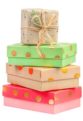 Stack of colorful gift boxes in green, red, and kraft paper with gold polka dots and natural twine ribbon, isolated, symbolizing celebration and eco-friendly packaging.