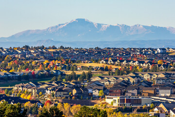 Colorado Living. Centennial, Colorado - Denver Metro Area Residential Autumn Panorama with the view of the Front Range mountains in the distance