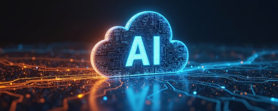 Glowing ai cloud with circuit board details. Digital data pathways connect the structure. Orange and blue illumination tech landscape background shows modern network architecture future trends.