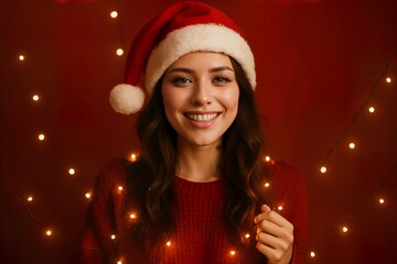 Cheerful woman wearing Santa hat surrounded by warm fairy lights on red background, joyful Christmas mood and cozy winter spirit.